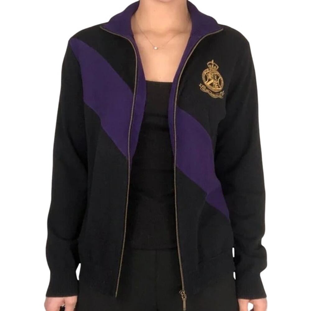 Lauren Ralph Lauren Crest Embroidered Full Zip Sweater Colorblock Black XSmall
